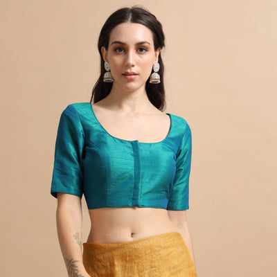 Rama Green Readymade Raw Silk Saree Blouse with Elbow Sleeves & Deep Back