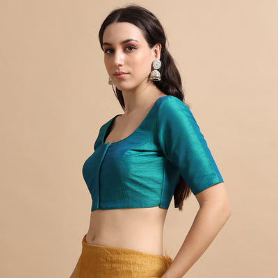 Rama Green Readymade Raw Silk Saree Blouse with Elbow Sleeves & Deep Back