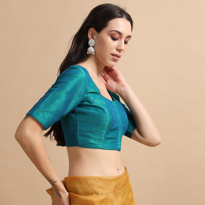Rama Green Readymade Raw Silk Saree Blouse with Elbow Sleeves & Deep Back