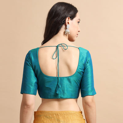 Rama Green Readymade Raw Silk Saree Blouse with Elbow Sleeves & Deep Back