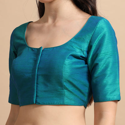 Rama Green Readymade Raw Silk Saree Blouse with Elbow Sleeves & Deep Back