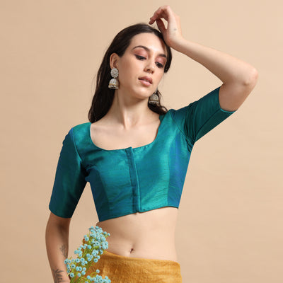 Rama Green Readymade Raw Silk Saree Blouse with Elbow Sleeves & Deep Back
