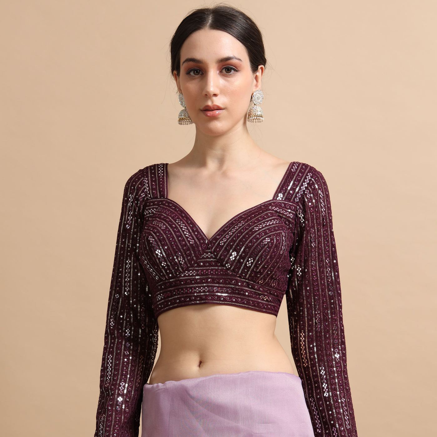 Sequined Full-Sleeve Designer Blouse - Partywear Crop Top for Sarees and Lehengas