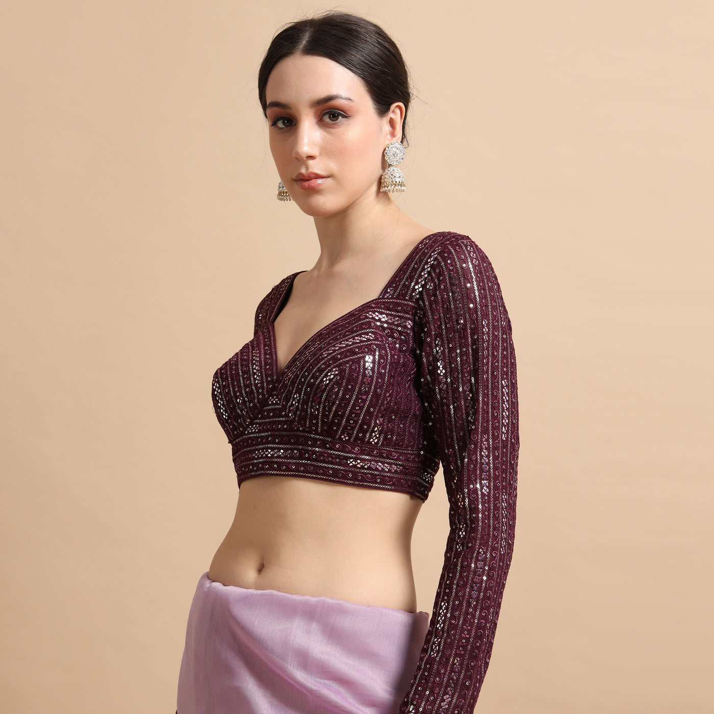 Sequined Full-Sleeve Designer Blouse - Partywear Crop Top for Sarees and Lehengas