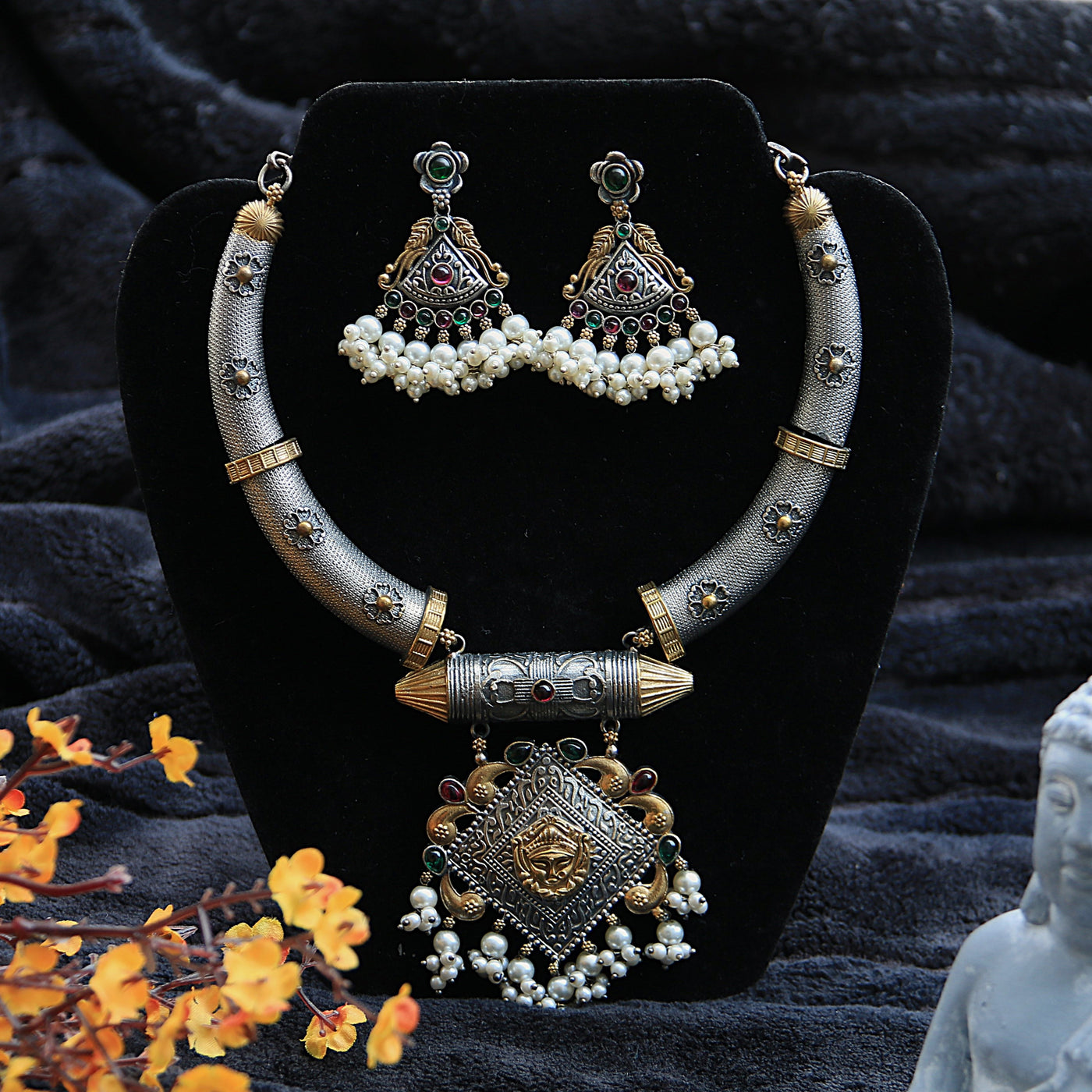 Oxidized Dual Tone With Goddess Pendant Necklace set