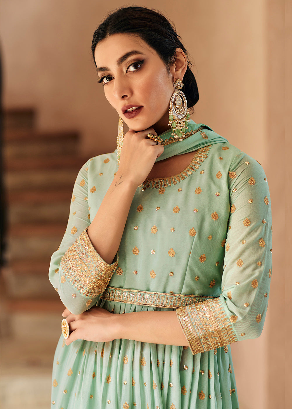 Mint Green Heavy Designer Work Anarkali Palazzo Style Gown Suit