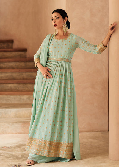 Mint Green Heavy Designer Work Anarkali Palazzo Style Gown Suit