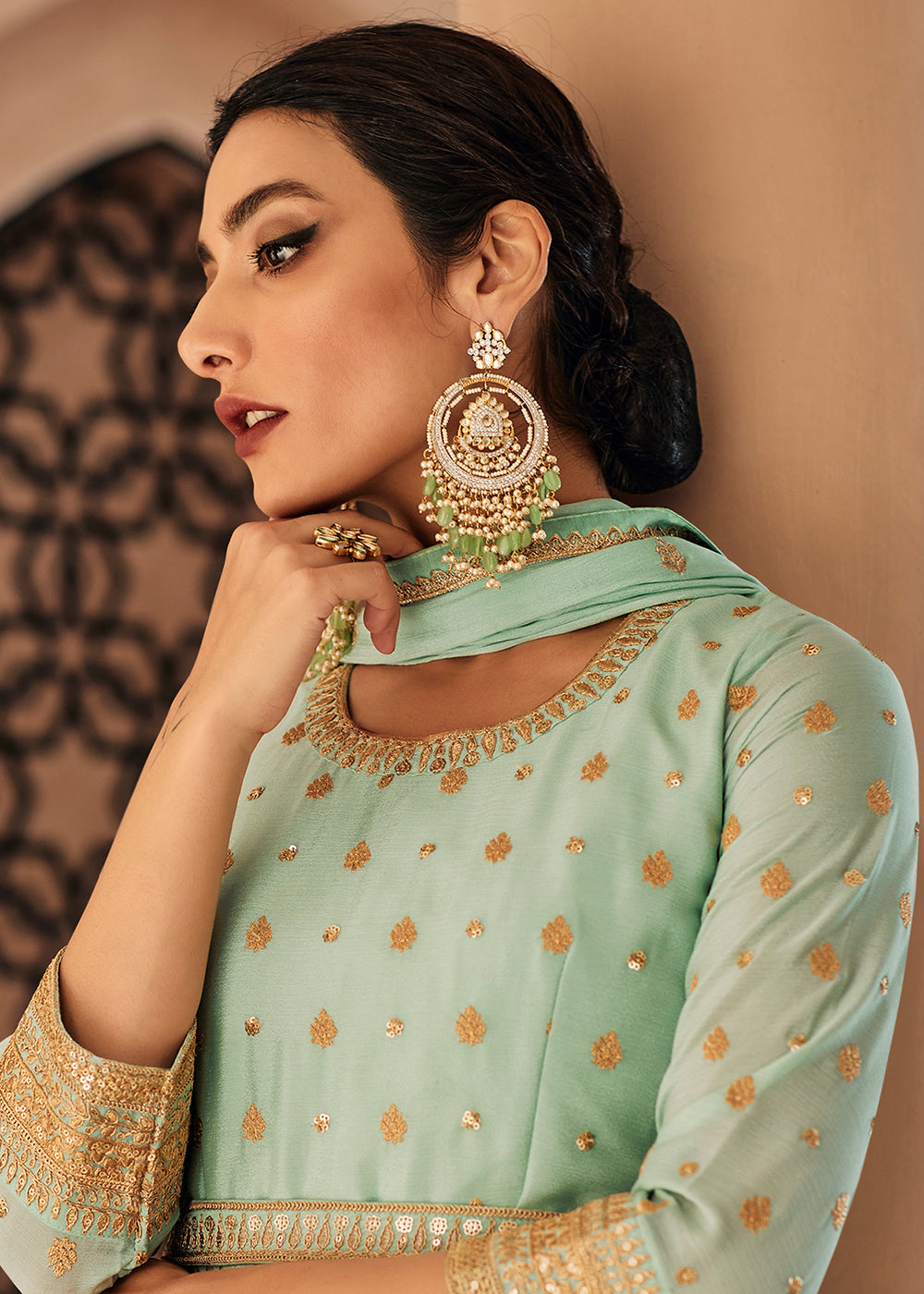 Mint Green Heavy Designer Work Anarkali Palazzo Style Gown Suit