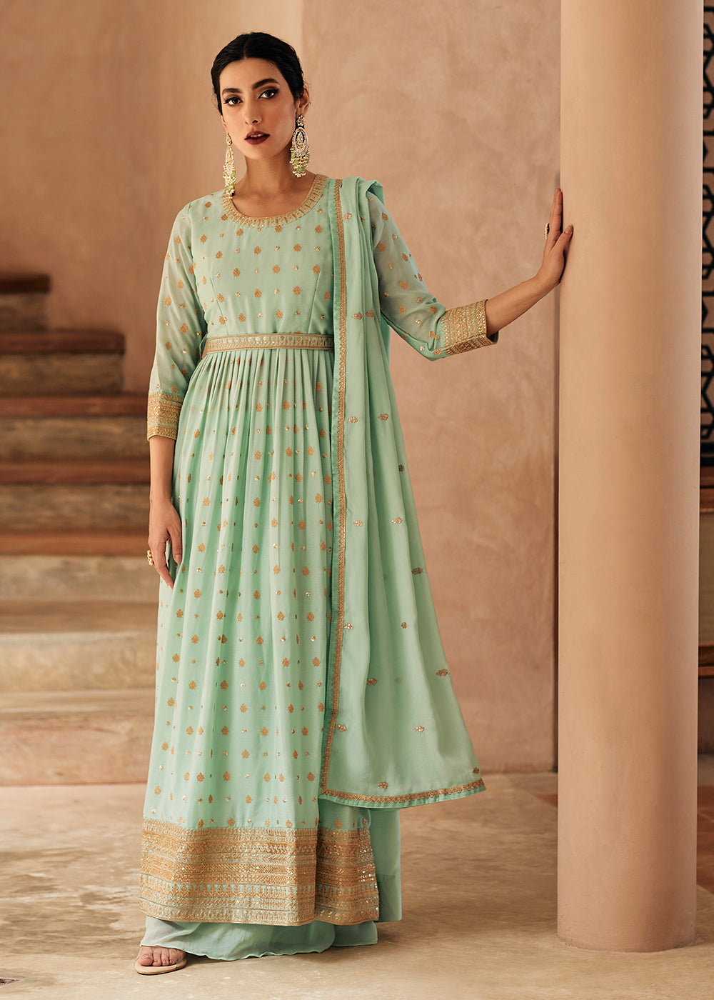 Mint Green Heavy Designer Work Anarkali Palazzo Style Gown Suit