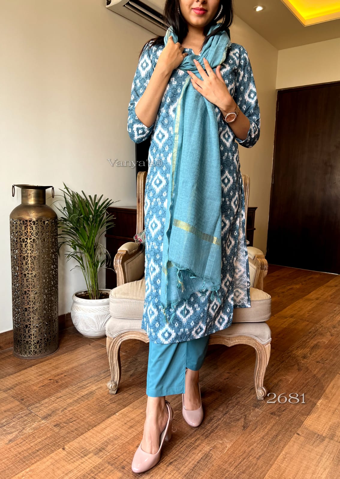 Blue Cotton Kurta Set with Chikankari Work