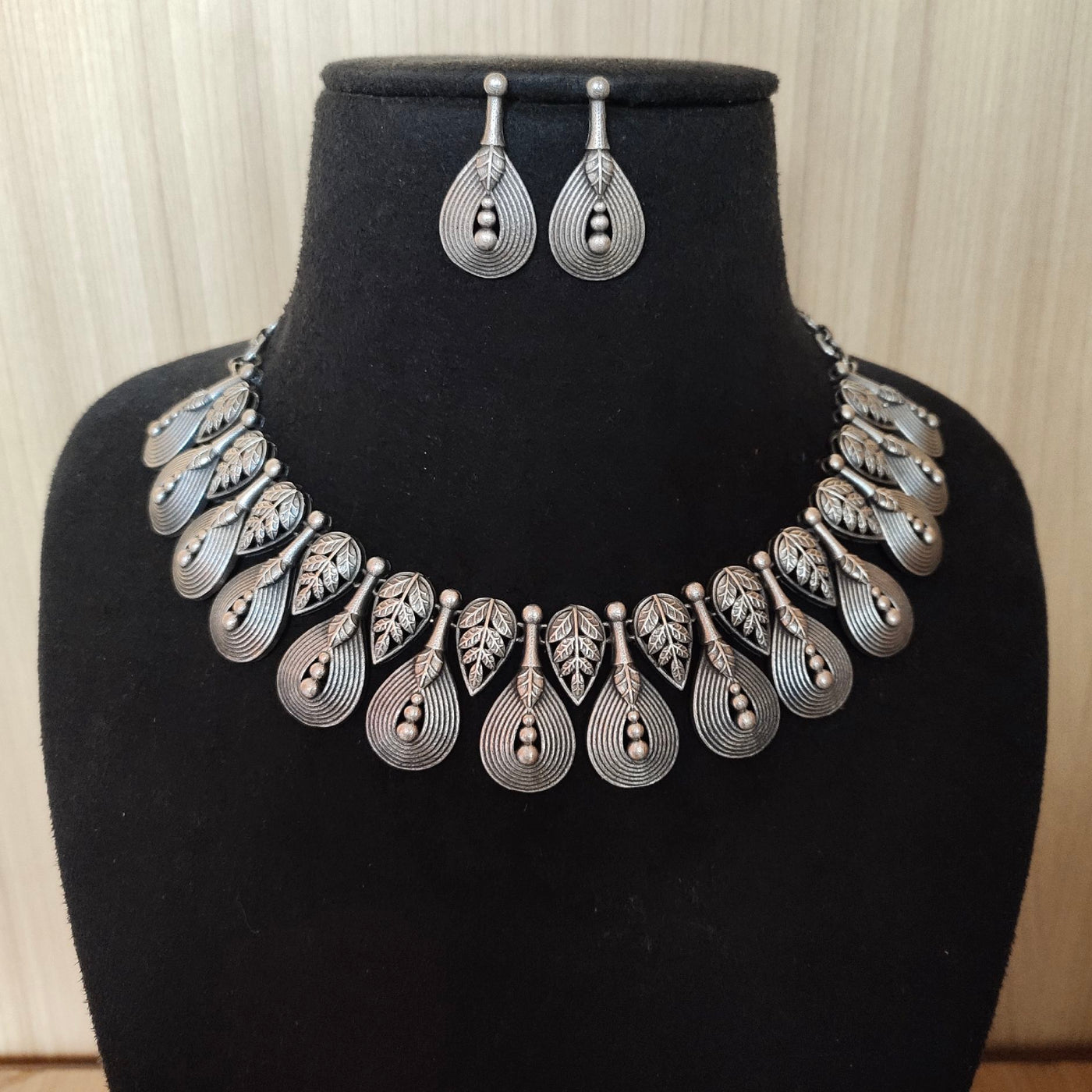 Vintage Oxidized Silver Plated Necklace and Earrings Set