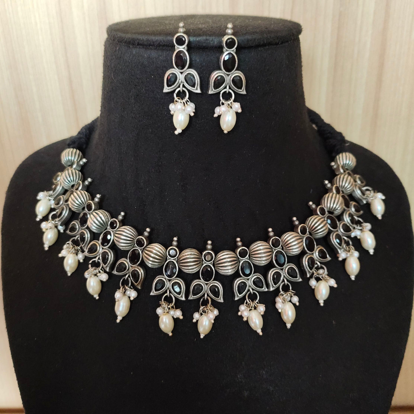 Classic Black Stone Oxidised Silver alike Necklace Set