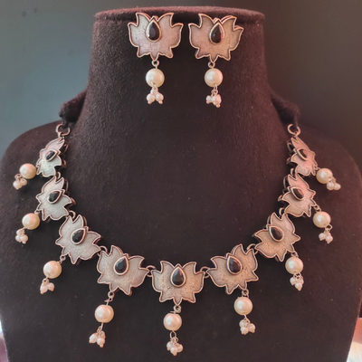 Stunning Silver-plated Lotus necklace set with Colorful Stones and Pearl drops