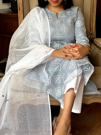 Grey Cotton Kurta Set in Kota Doria