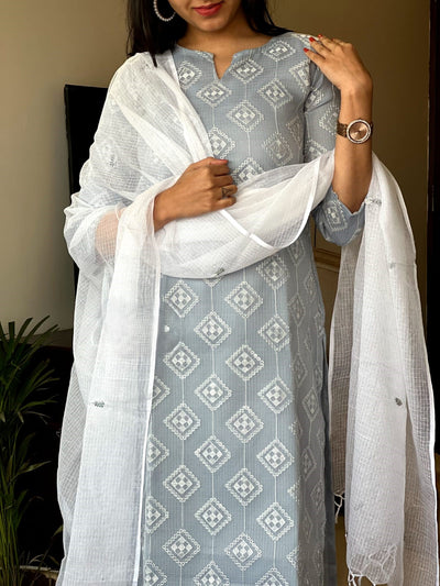 Grey Cotton Kurta Set in Kota Doria