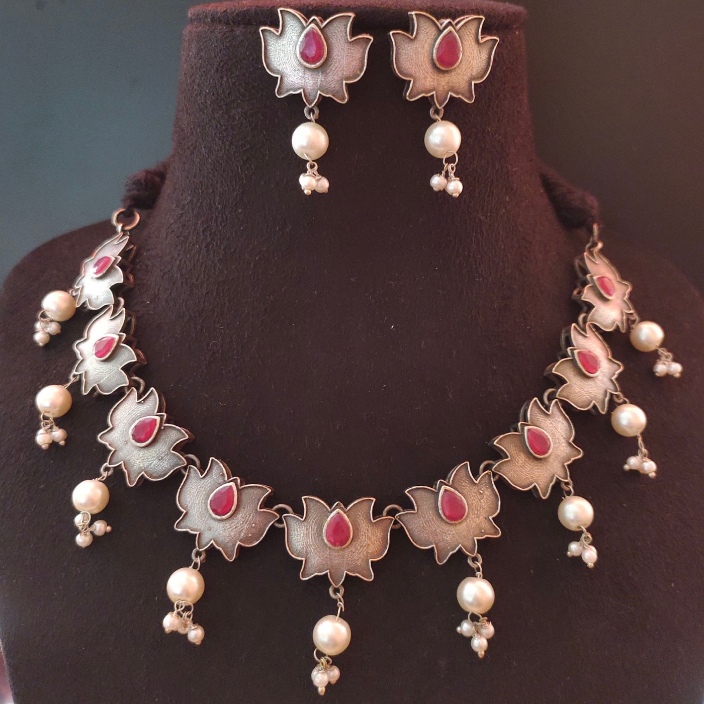 Stunning Silver-plated Lotus necklace set with Colorful Stones and Pearl drops