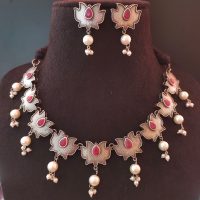 Stunning Silver-plated Lotus necklace set with Colorful Stones and Pearl drops