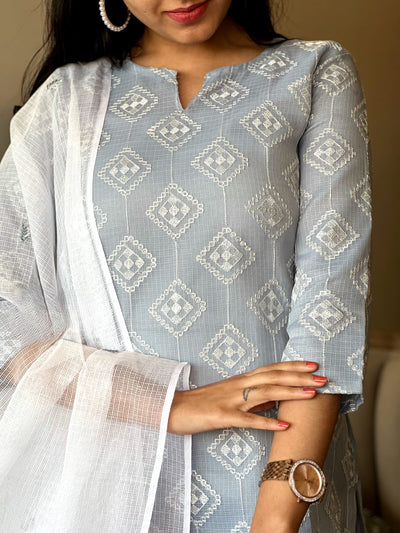 Grey Cotton Kurta Set in Kota Doria