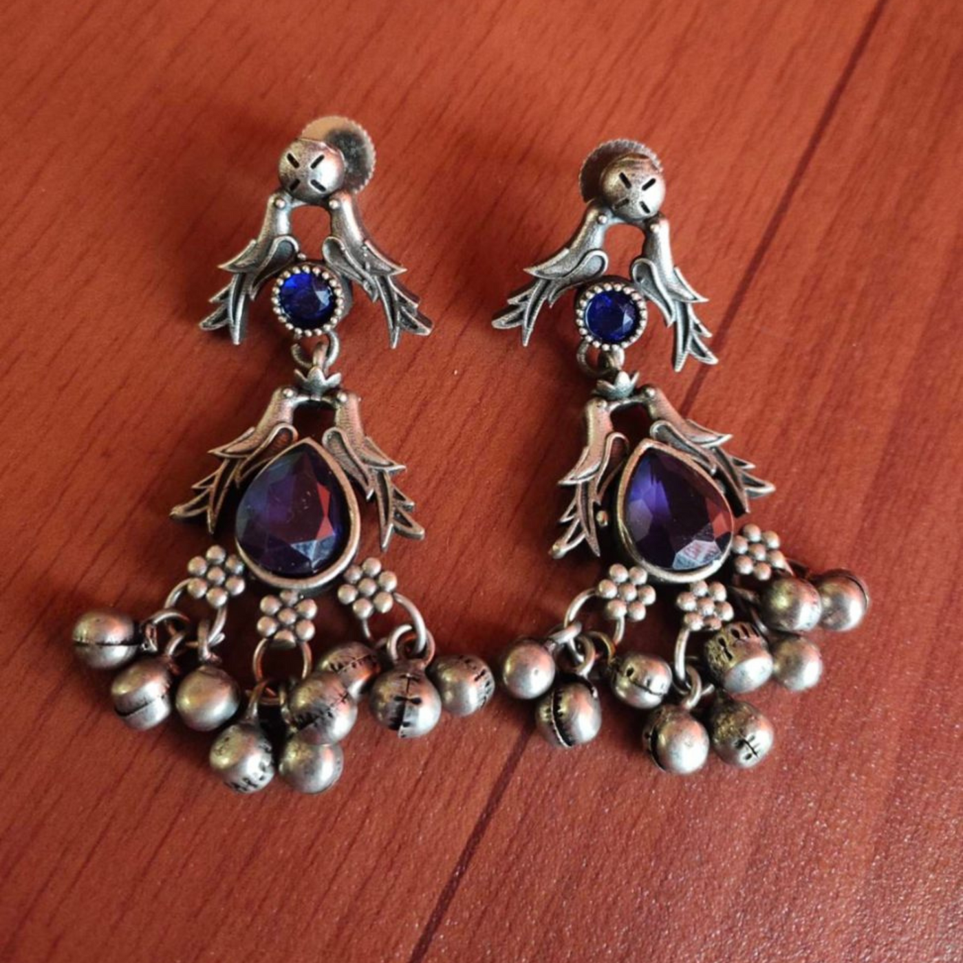 Oxidized Antique Silver tone Small Earrings with Stones and Charms