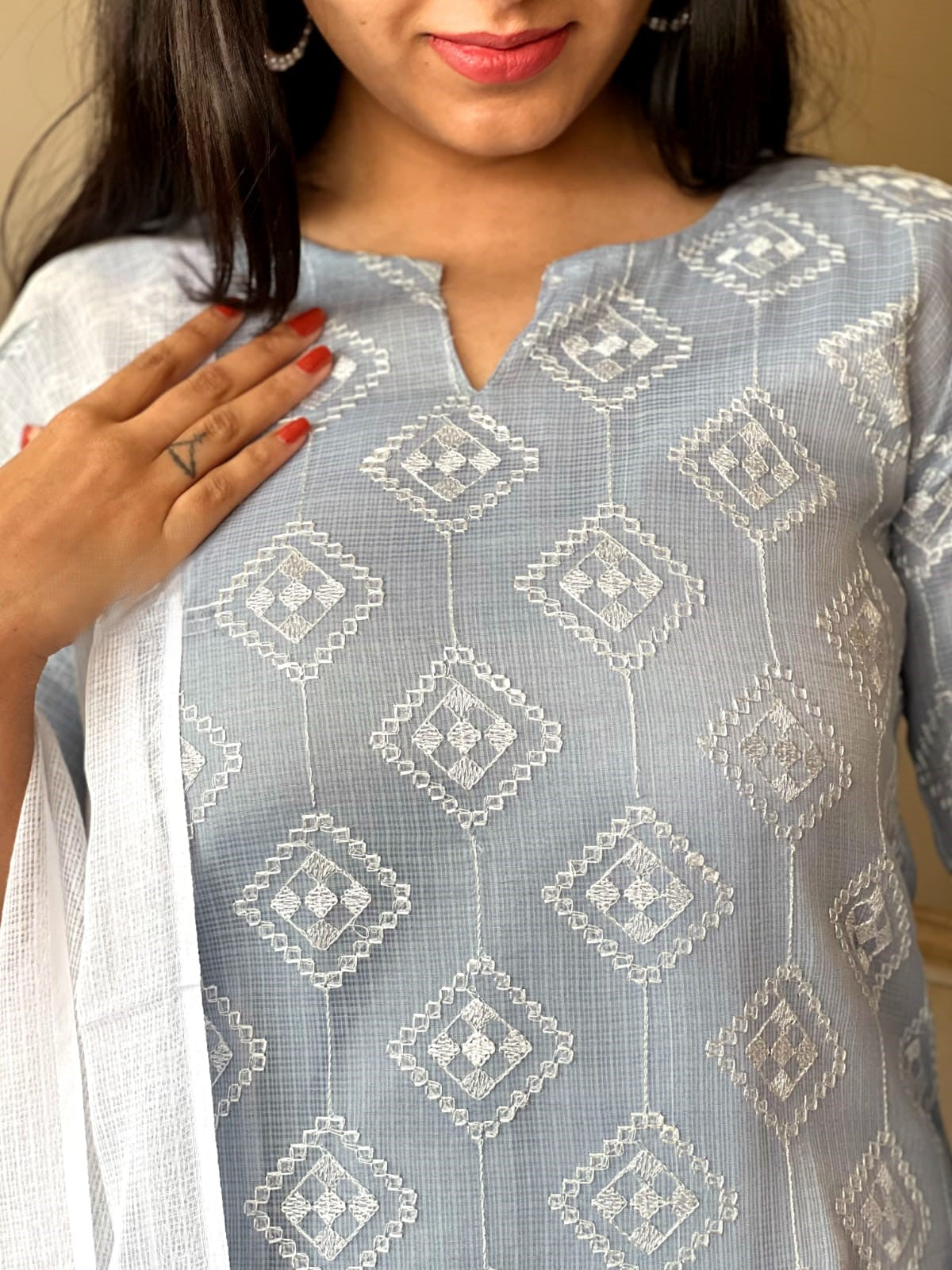 Grey Cotton Kurta Set in Kota Doria