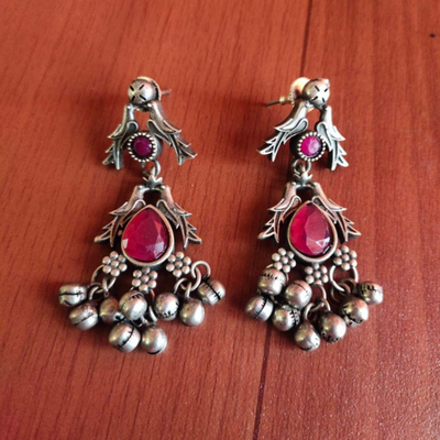 Oxidized Antique Silver tone Small Earrings with Stones and Charms