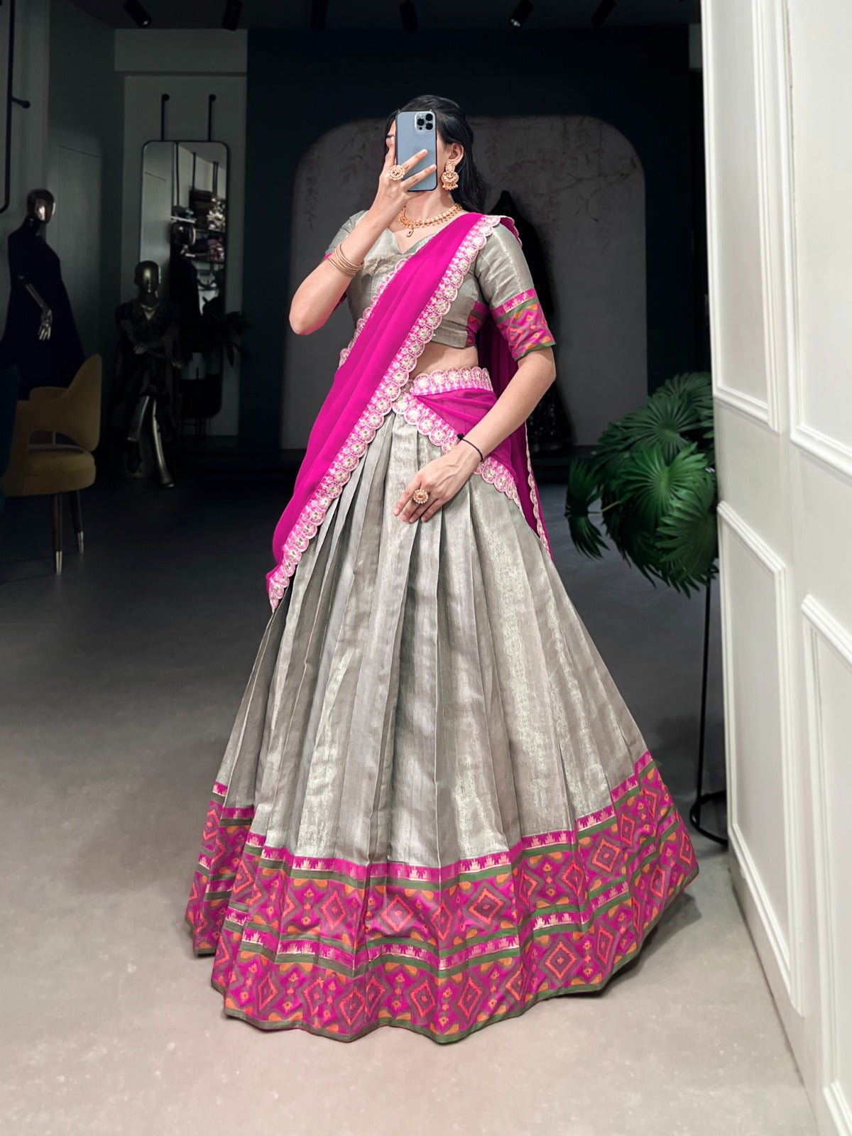 Silver Kanjivaram Jacquard Silk Half Saree Lehenga