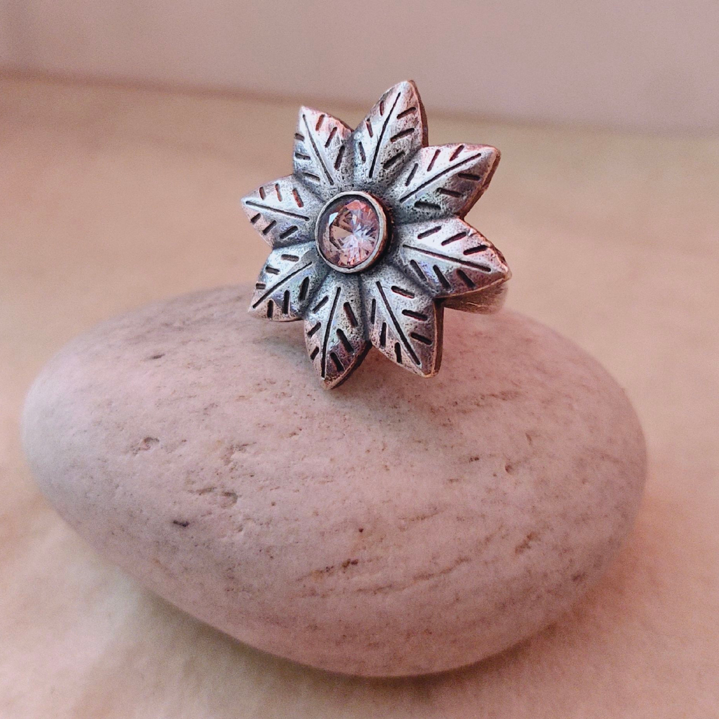 Floral Oxidized Silver look alike Ring with Stones