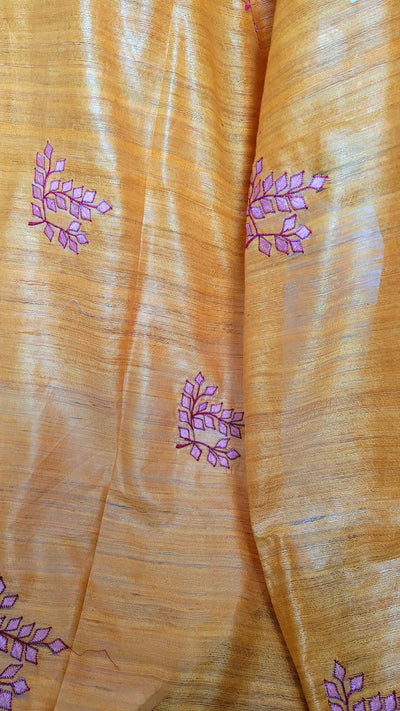 Pure Handwoven Ghicha Tussar Silk Saree in Turmeric Yellow with Embroidery