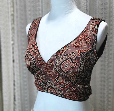 Ajrak Modal Silk Sleeves Plunge Neck Blouse | Stylish Ethnic Wear | Indian Silk Blouse