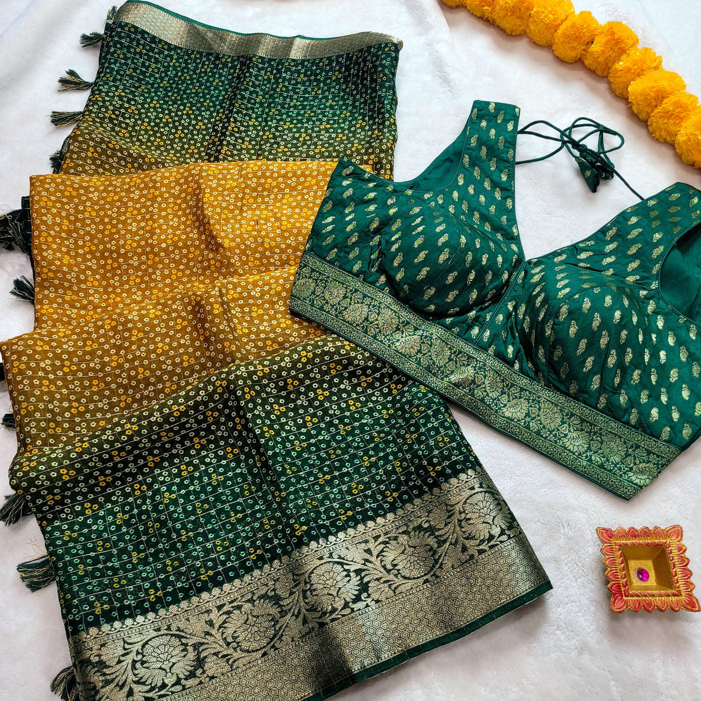 Luxury Yellow Green Ombre Chinon Silk Bandini Saree with Zari Border