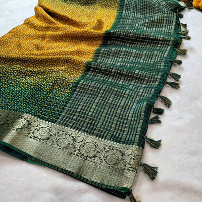 Luxury Yellow Green Ombre Chinon Silk Bandini Saree with Zari Border