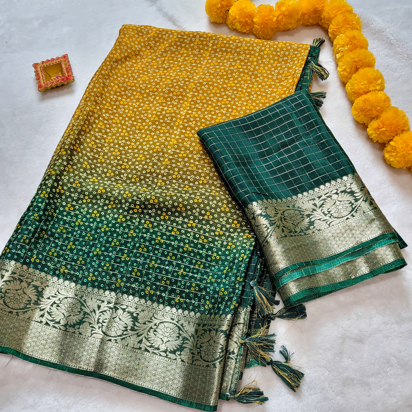 Luxury Yellow Green Ombre Chinon Silk Bandini Saree with Zari Border