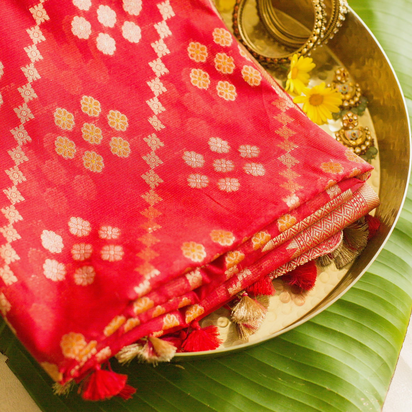 Vibrant Red Zari Kota Sari with Sona Rupa Weaving