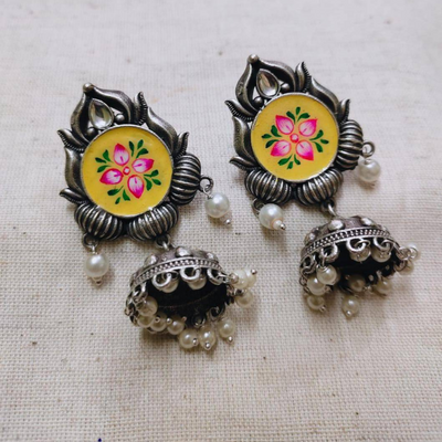 Enchanting Silver Brass Oxidized Enamel Hand painted Jhumka earrings