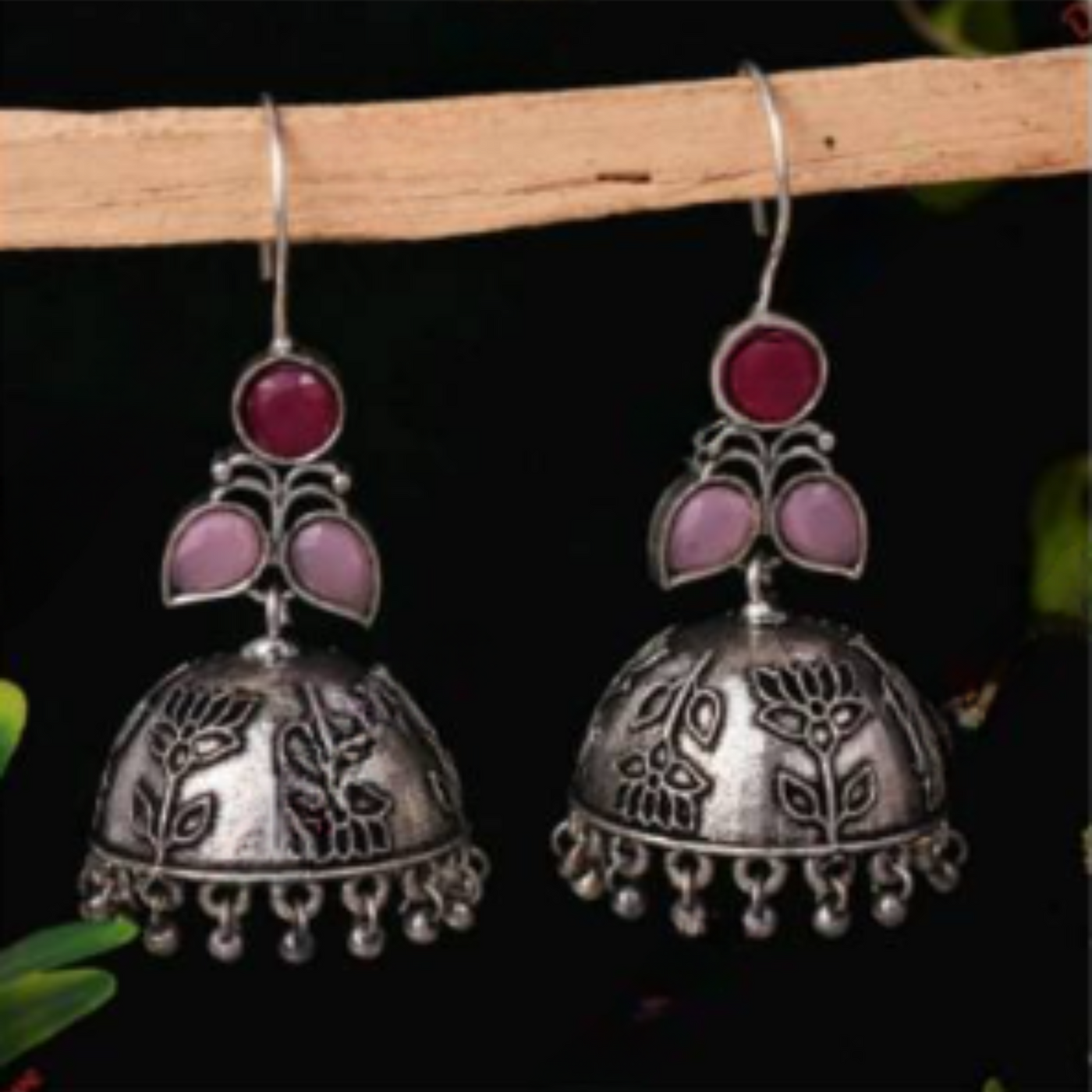 Oxidized Ethnic Jhumka Dangler Earrings with Colorful Stones