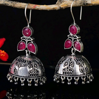 Oxidized Ethnic Jhumka Dangler Earrings with Colorful Stones