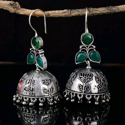 Oxidized Ethnic Jhumka Dangler Earrings with Colorful Stones