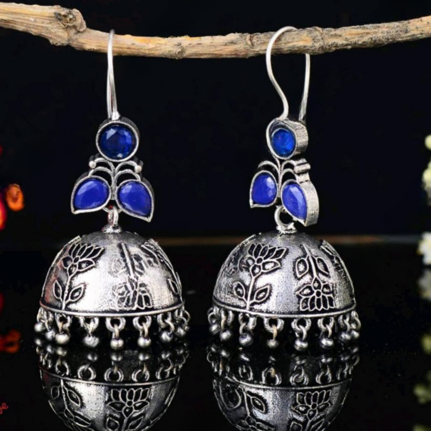 Oxidized Ethnic Jhumka Dangler Earrings with Colorful Stones