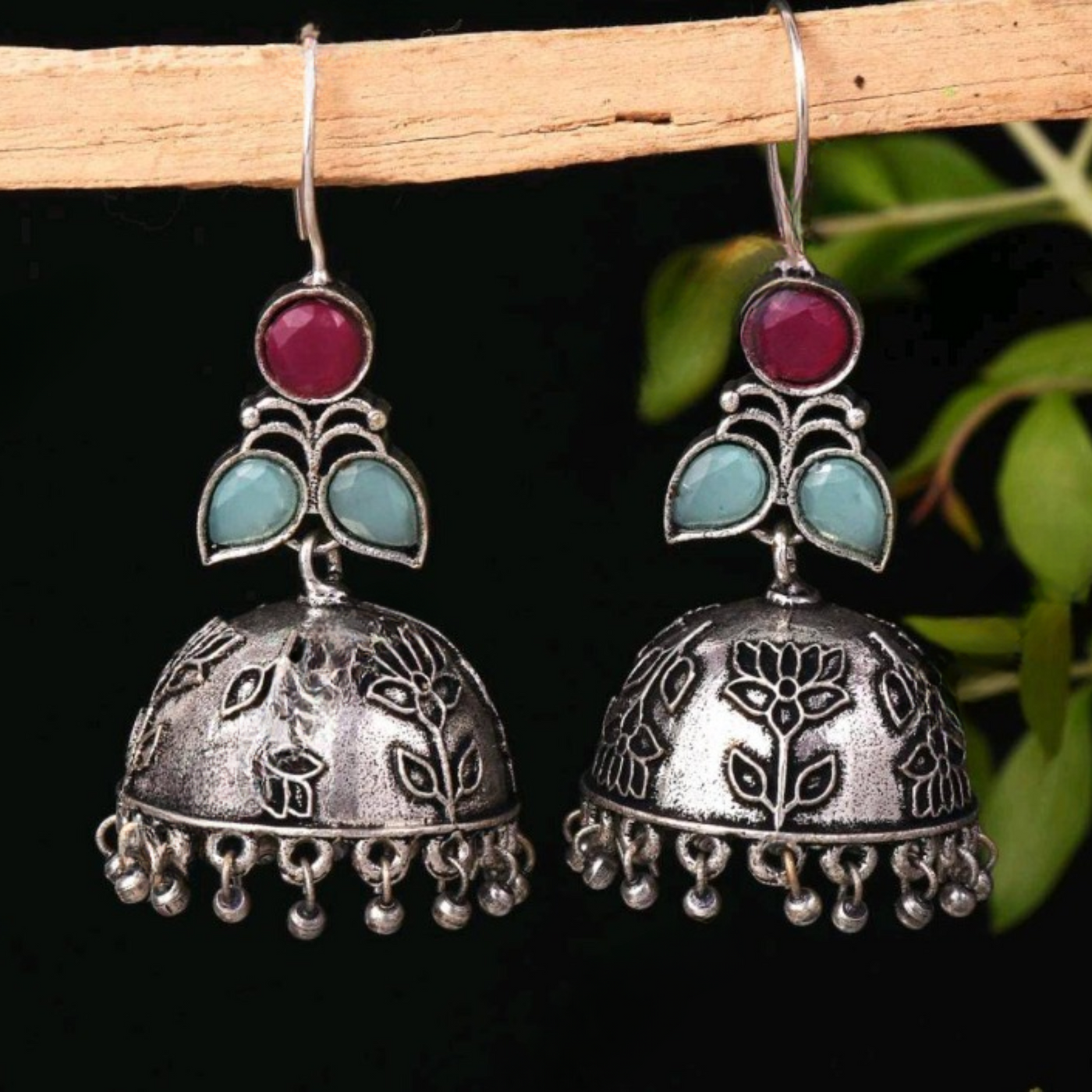 Oxidized Ethnic Jhumka Dangler Earrings with Colorful Stones