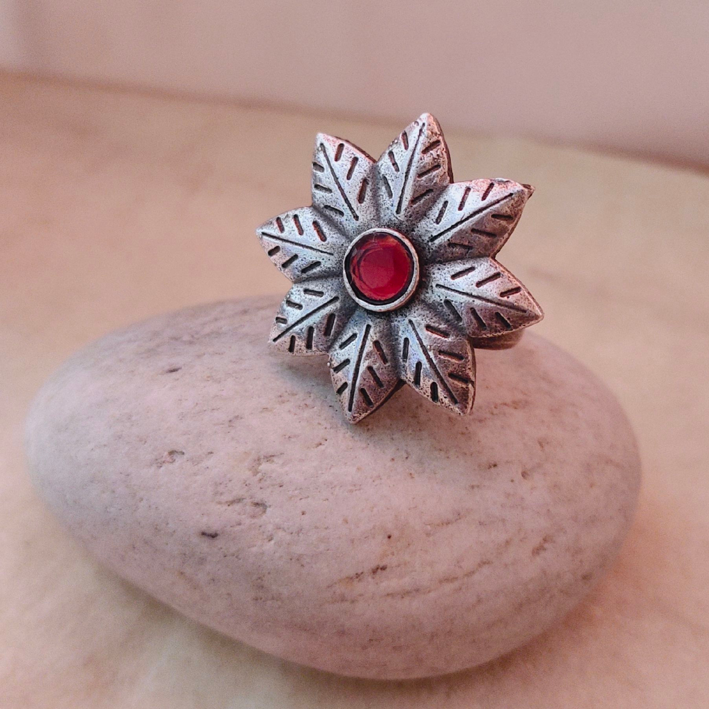 Floral Oxidized Silver look alike Ring with Stones