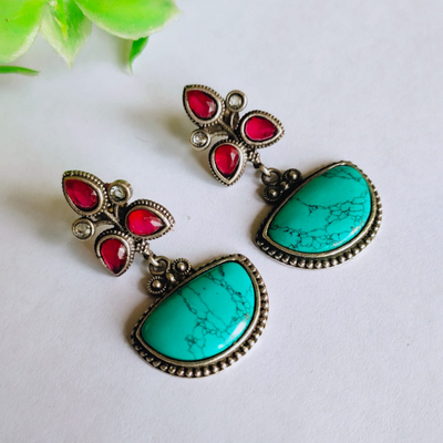 Oxidized Silver Look Alike Earrings Set with Colorful  Dual tone Stones