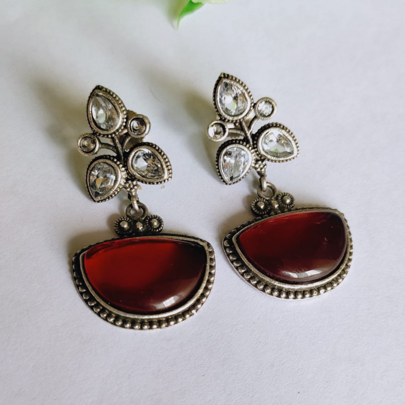 Oxidized Silver Look Alike Earrings Set with Colorful  Dual tone Stones