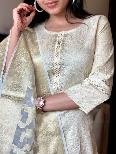 Off White Jacquard Brocade Banarsi Suit