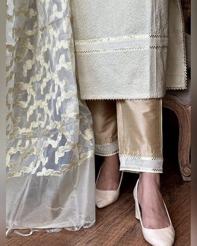 Off White Jacquard Brocade Banarsi Suit