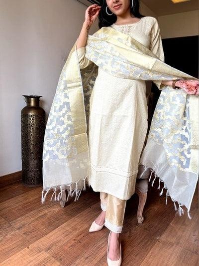 Off White Jacquard Brocade Banarsi Suit
