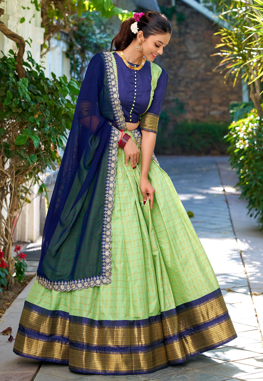 Pista Green Zari Weaving Half Saree Lehenga