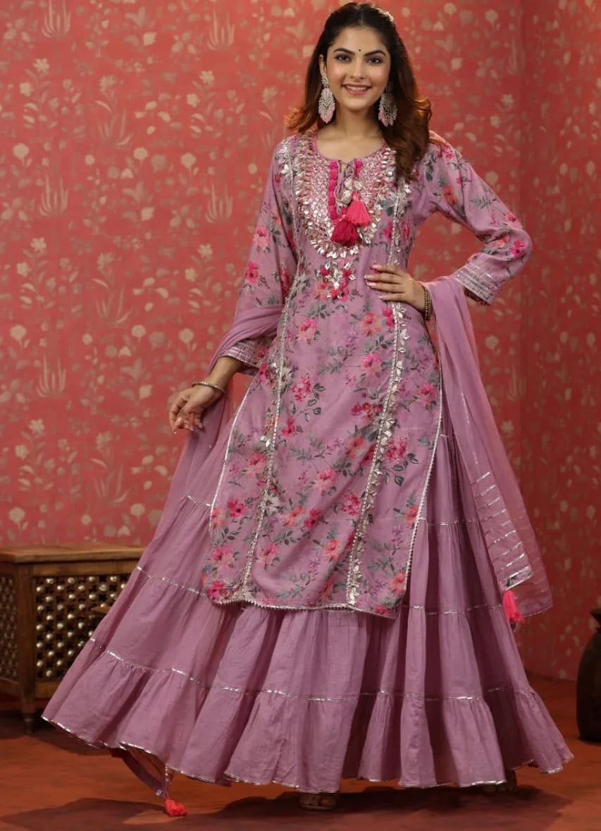 Mauve Color Muslin Embroidered & Floral Printed Gown Set With Stitched Skirt