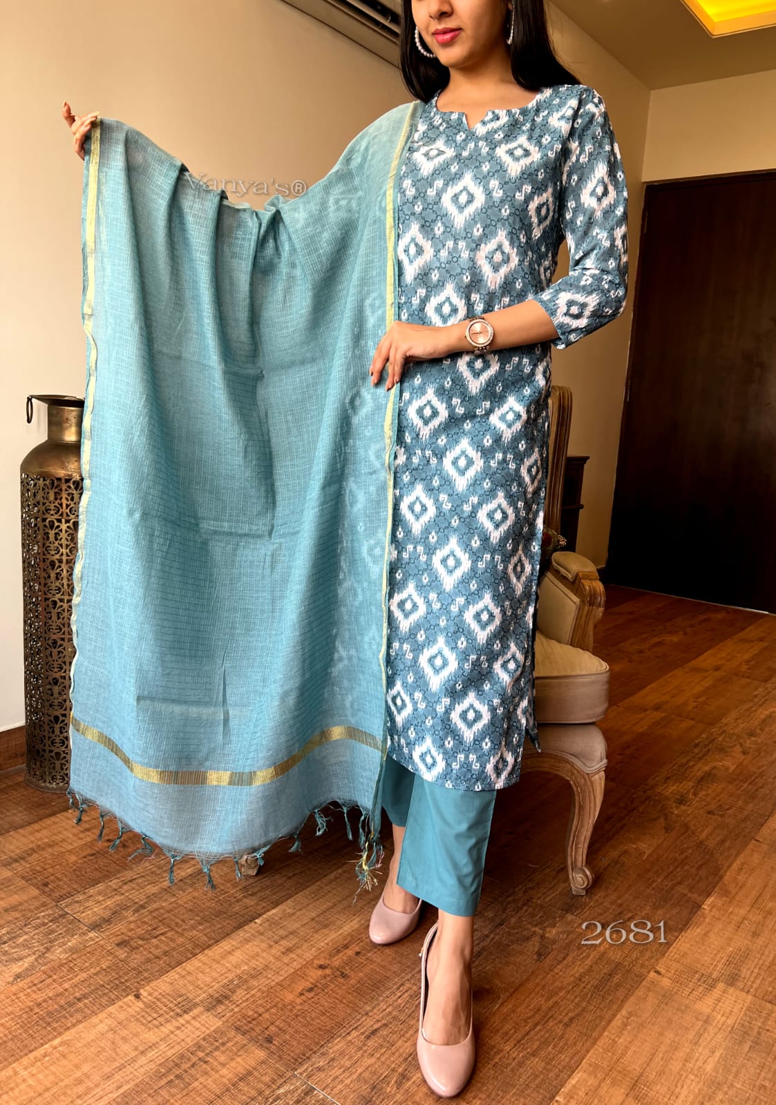 Blue Cotton Kurta Set with Chikankari Work