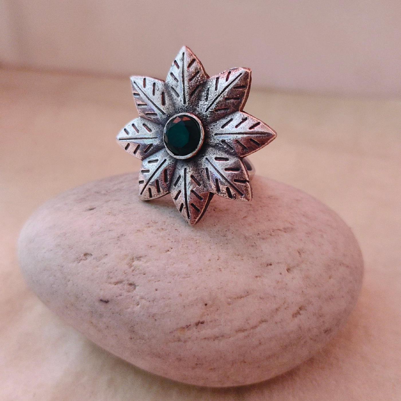 Floral Oxidized Silver look alike Ring with Stones