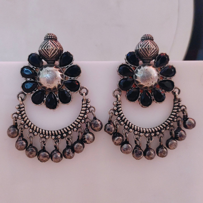 Exquisite Oxidized Silver alike Floral Chandbali Earrings with Colourful Stones